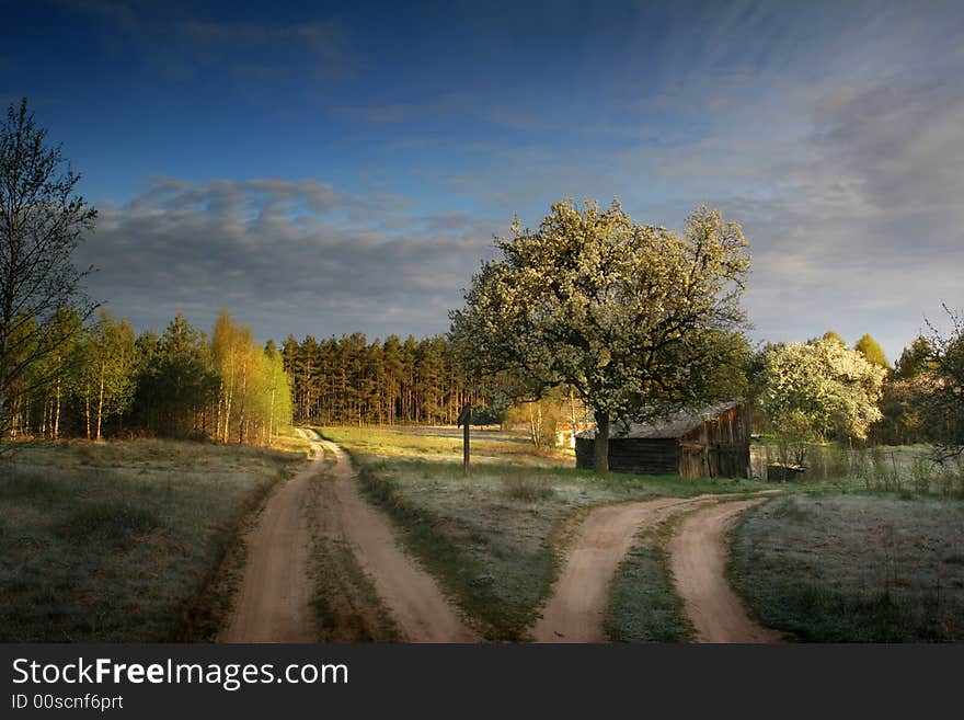 Wooden cottage next to the small road. Wooden cottage next to the small road