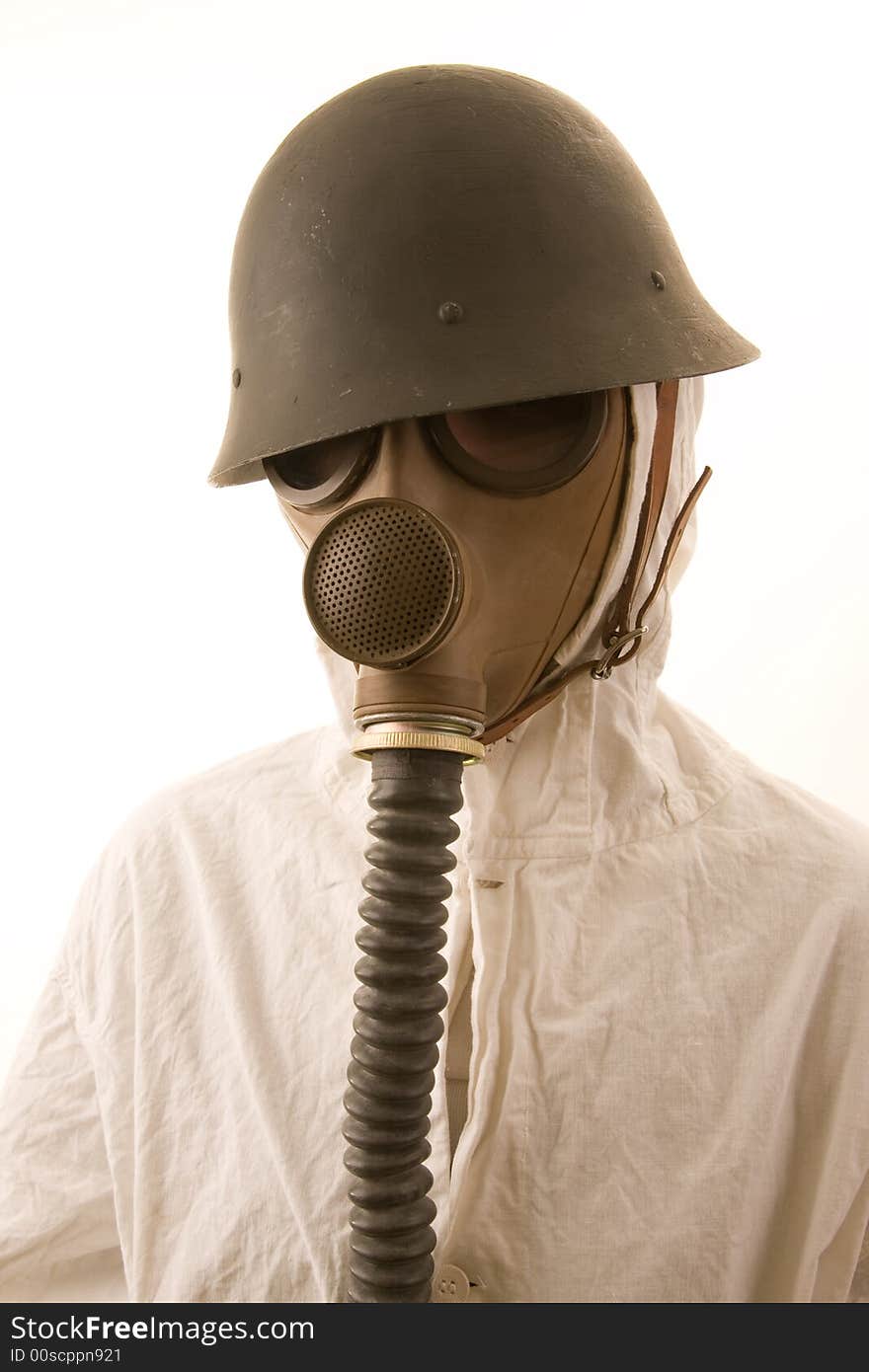 Person in gas mask on white background