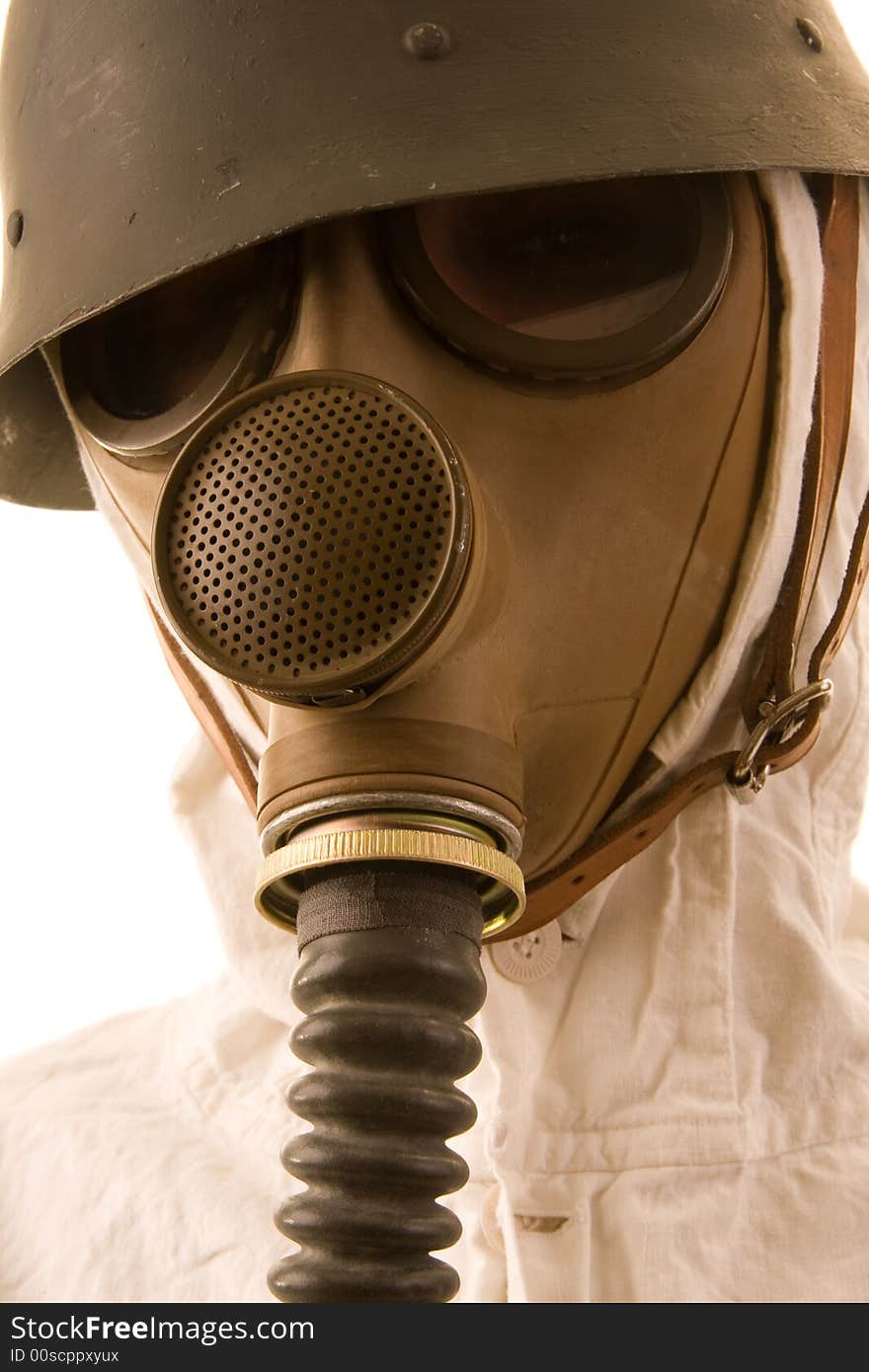 Person in gas mask on white background