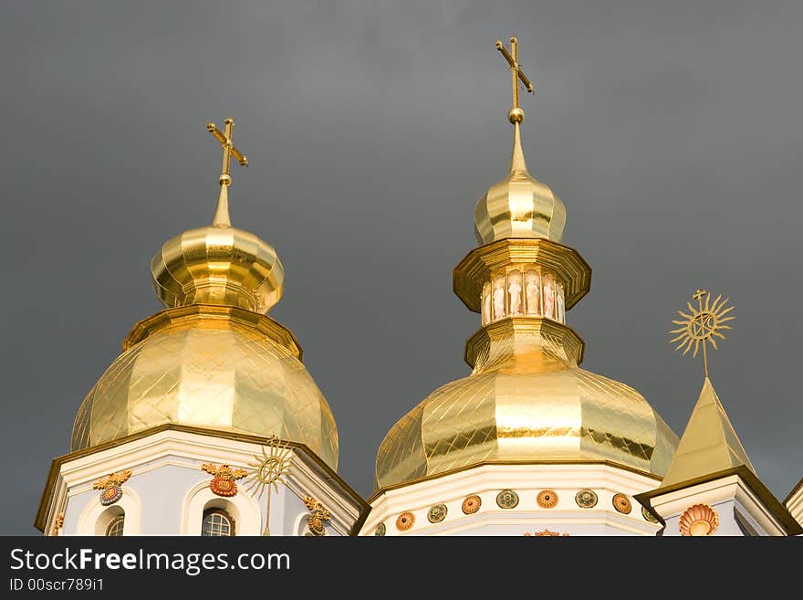 Religion, church, cupola, golden domes, big top, cross, grey sky, Kiev, the Ukraine, Orthodox, christianity,