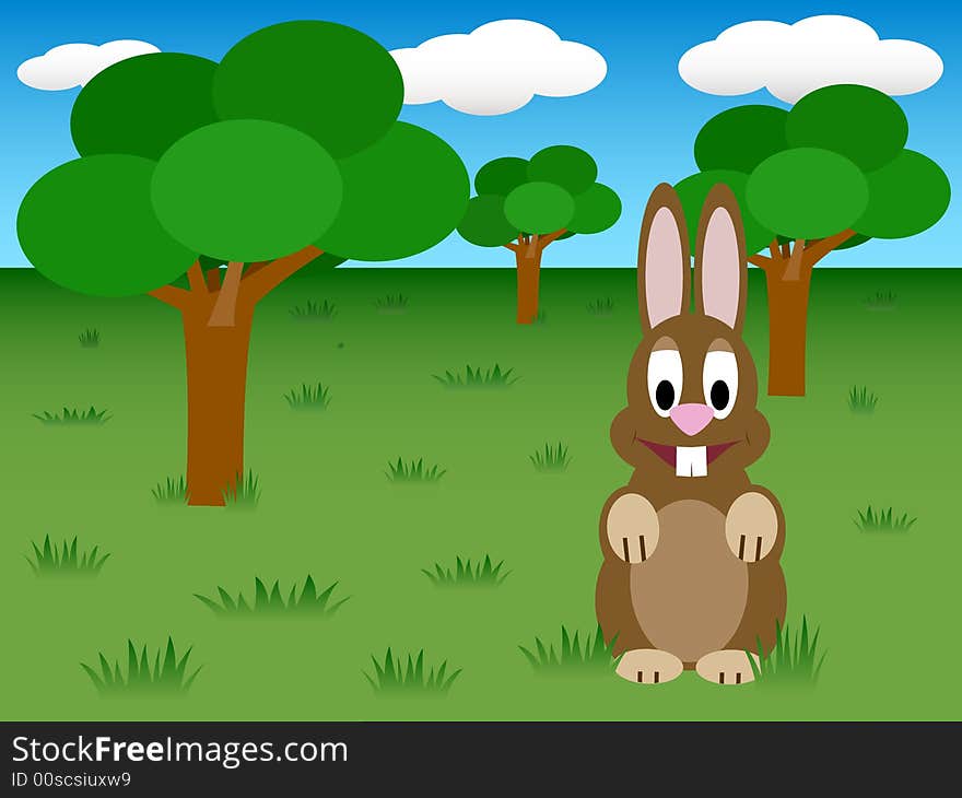 Funny smiling easter bunny with trees on grass. Funny smiling easter bunny with trees on grass