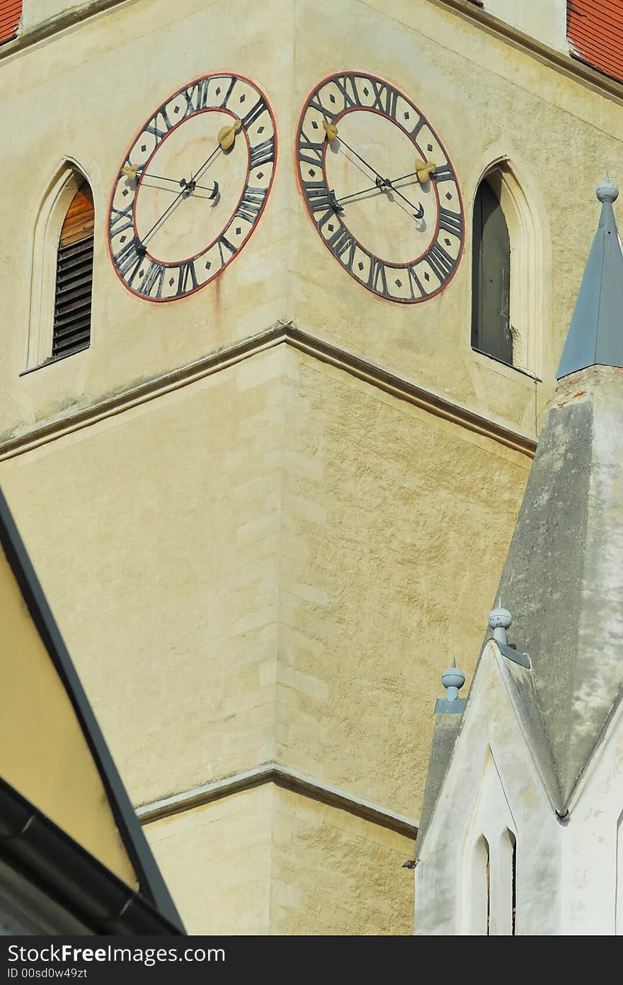 Historic church of Weissenkirchen with clock. Historic church of Weissenkirchen with clock