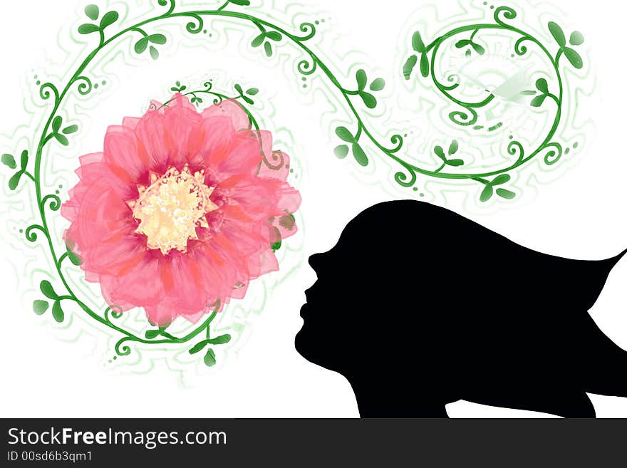 Profile of girl and branch with pink flower. Profile of girl and branch with pink flower.