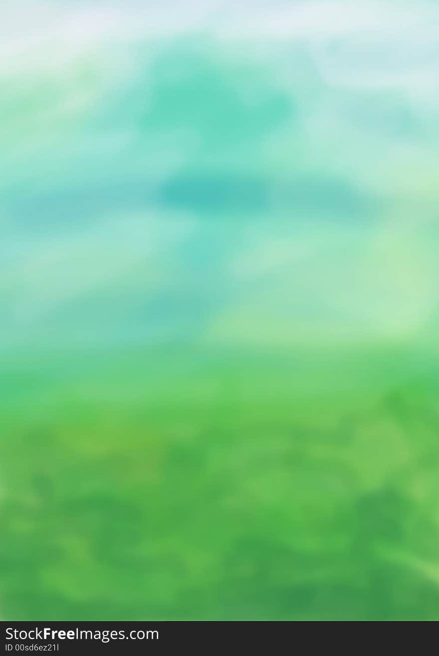 Illustration with green landscape and blue sky. Painting.