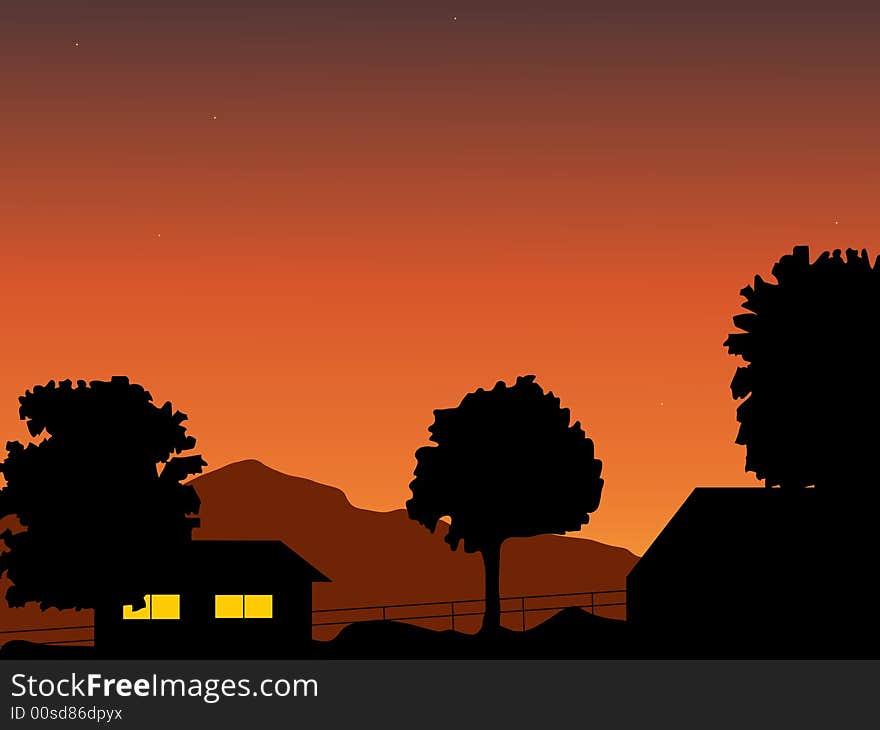 Village silhouette with trees and mountains.