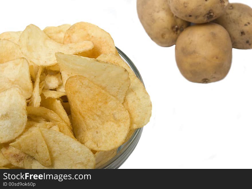 Potatoes and chips on white background. Two light sources, camera Pentax k10d kit.