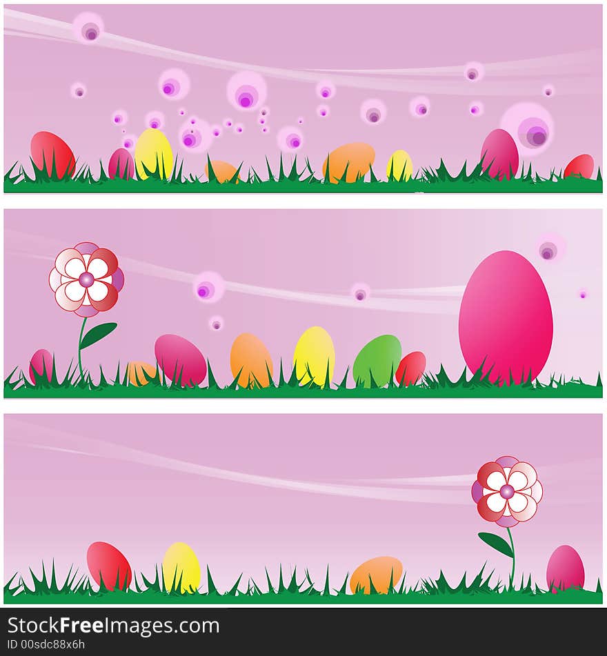 Set of three Easter Scenes Backgrounds with Easter Eggs On Grass Vector Illustrations. Set of three Easter Scenes Backgrounds with Easter Eggs On Grass Vector Illustrations