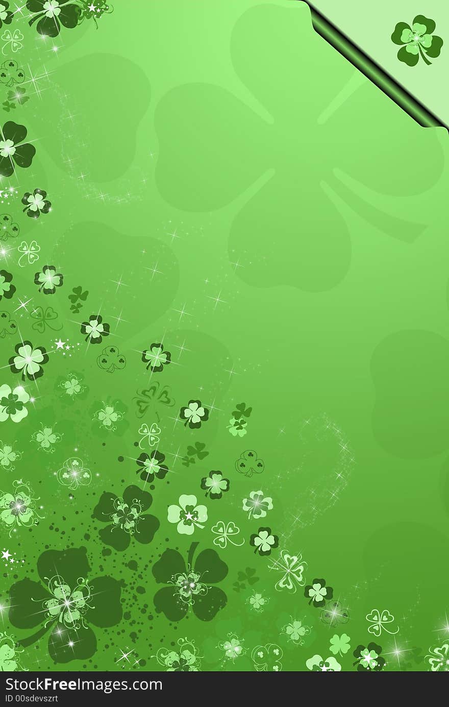 Fun shamrocks on a gradient background with a curled corner. Fun shamrocks on a gradient background with a curled corner.