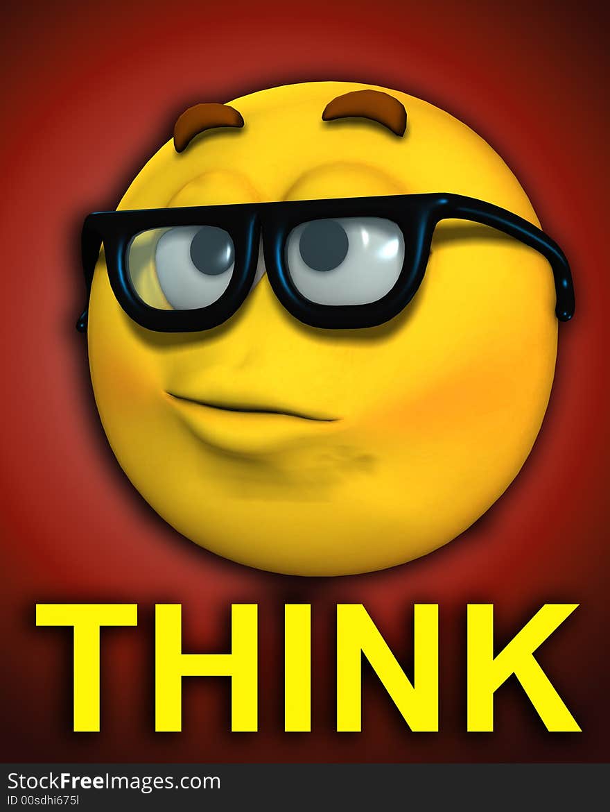 A conceptual image of a cartoon face, which represents being a smart or clever geek. It also has the descriptive word think. A conceptual image of a cartoon face, which represents being a smart or clever geek. It also has the descriptive word think.