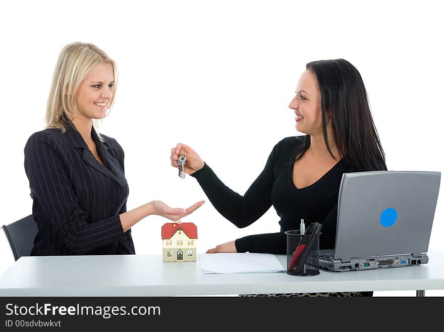 Business women advertises real estate on  white background