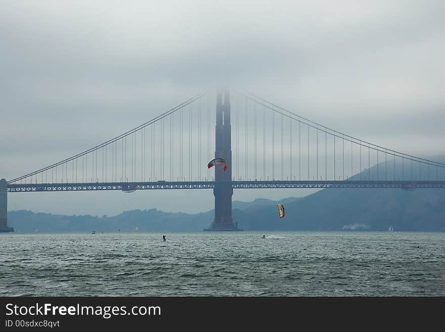 Golden Gate Bridge in a fog in San Francisco