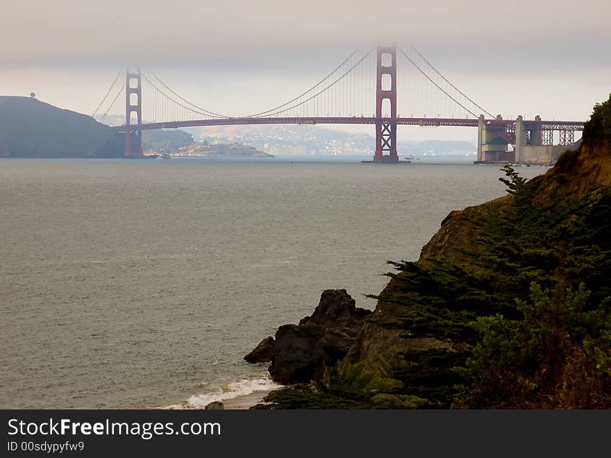 Golden Gate Bridge in a fog in San Francisco