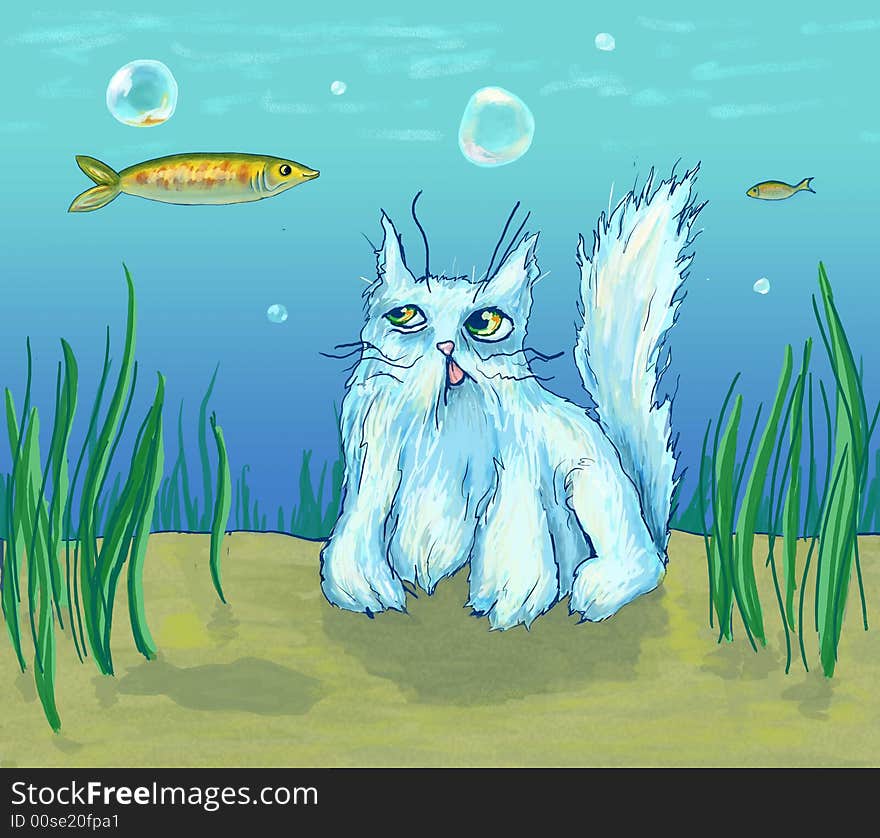 The cat in the sea watches a fish.