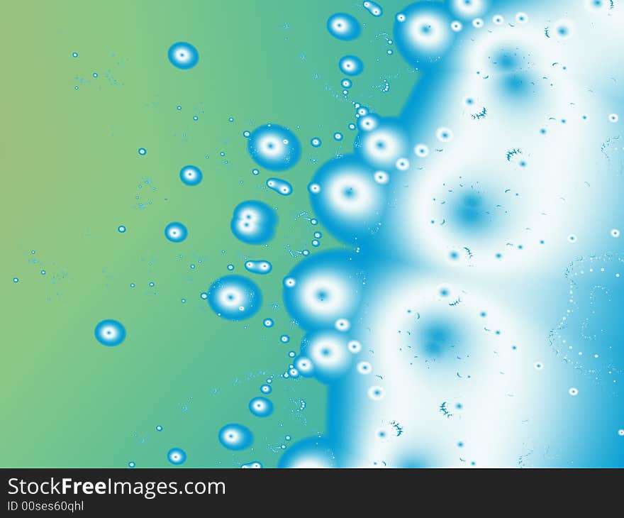 A fractal resembling water droplets spraying onto a blue green background.