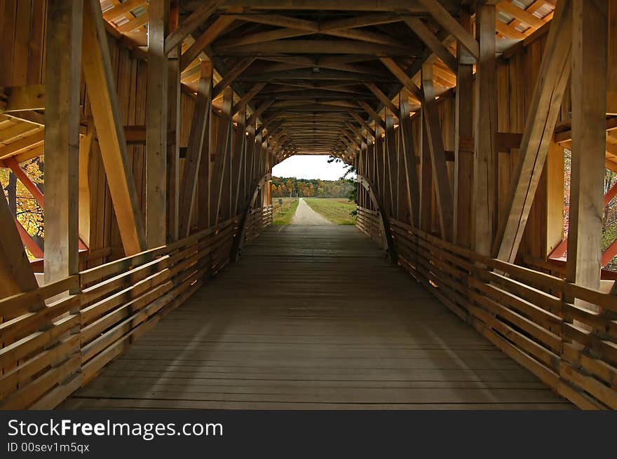 A picture of a covered bridge in western Indiana taken from inside the bridge. A picture of a covered bridge in western Indiana taken from inside the bridge