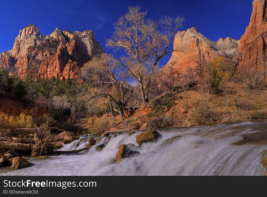 Waterfall in front of the Sentinel in zion national park