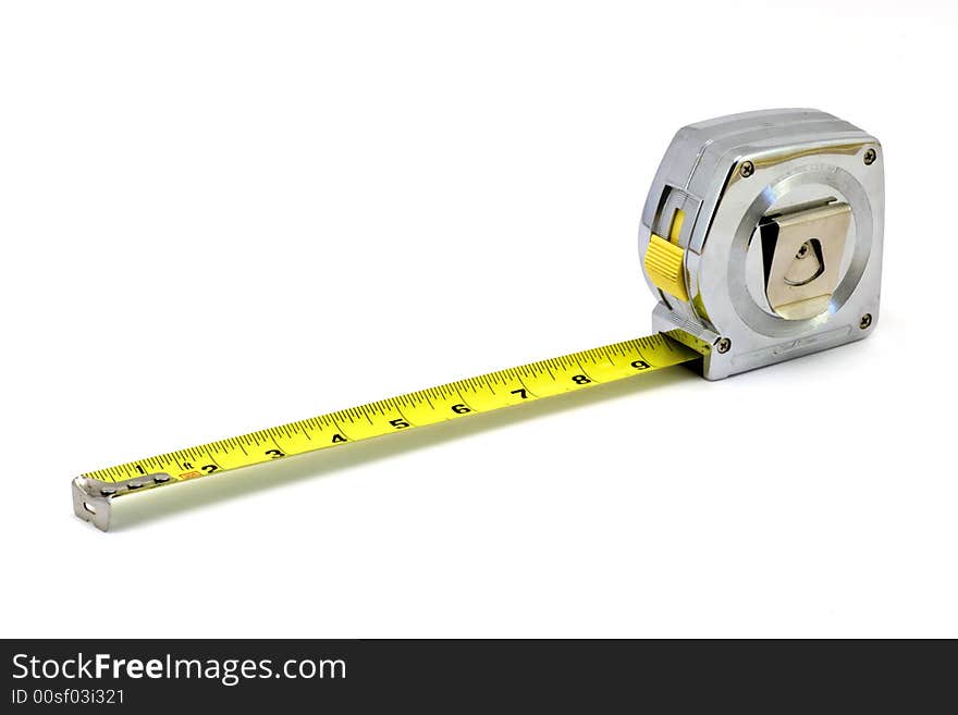 Isolated shot of a tape measure against a white background. Isolated shot of a tape measure against a white background.