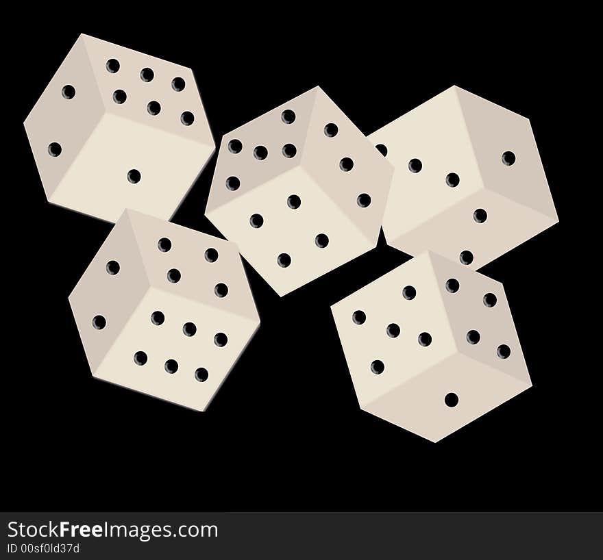 Illustration of five dice or die isolated on black