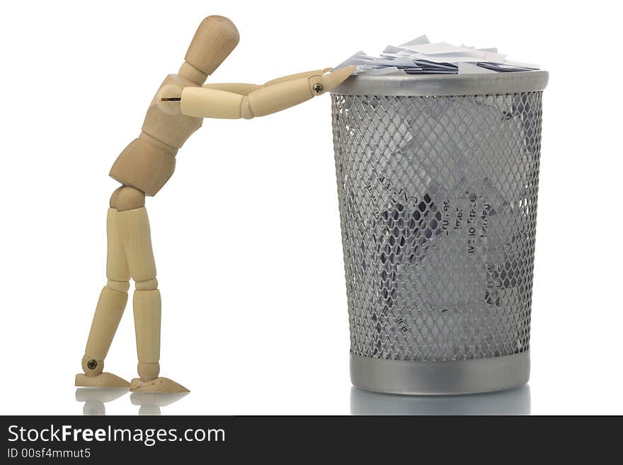 Manikin pushing mesh trash bin full of paper