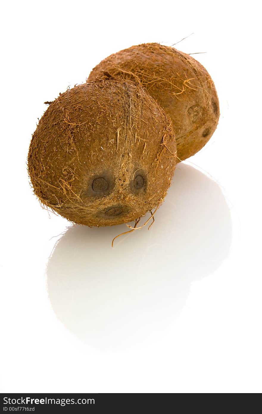 Two coconuts isolated over white background