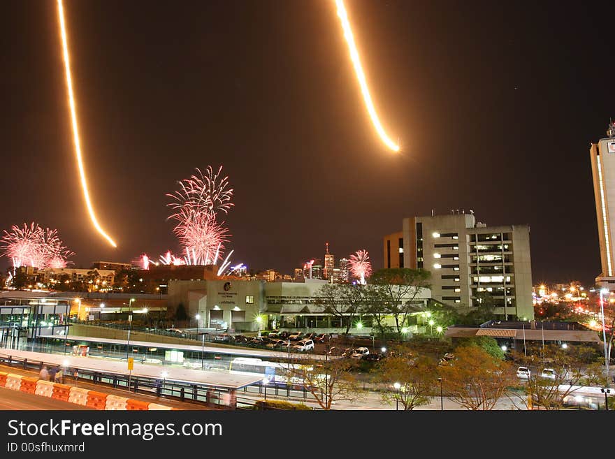 Fireworks and dump and burn over Brisbane city