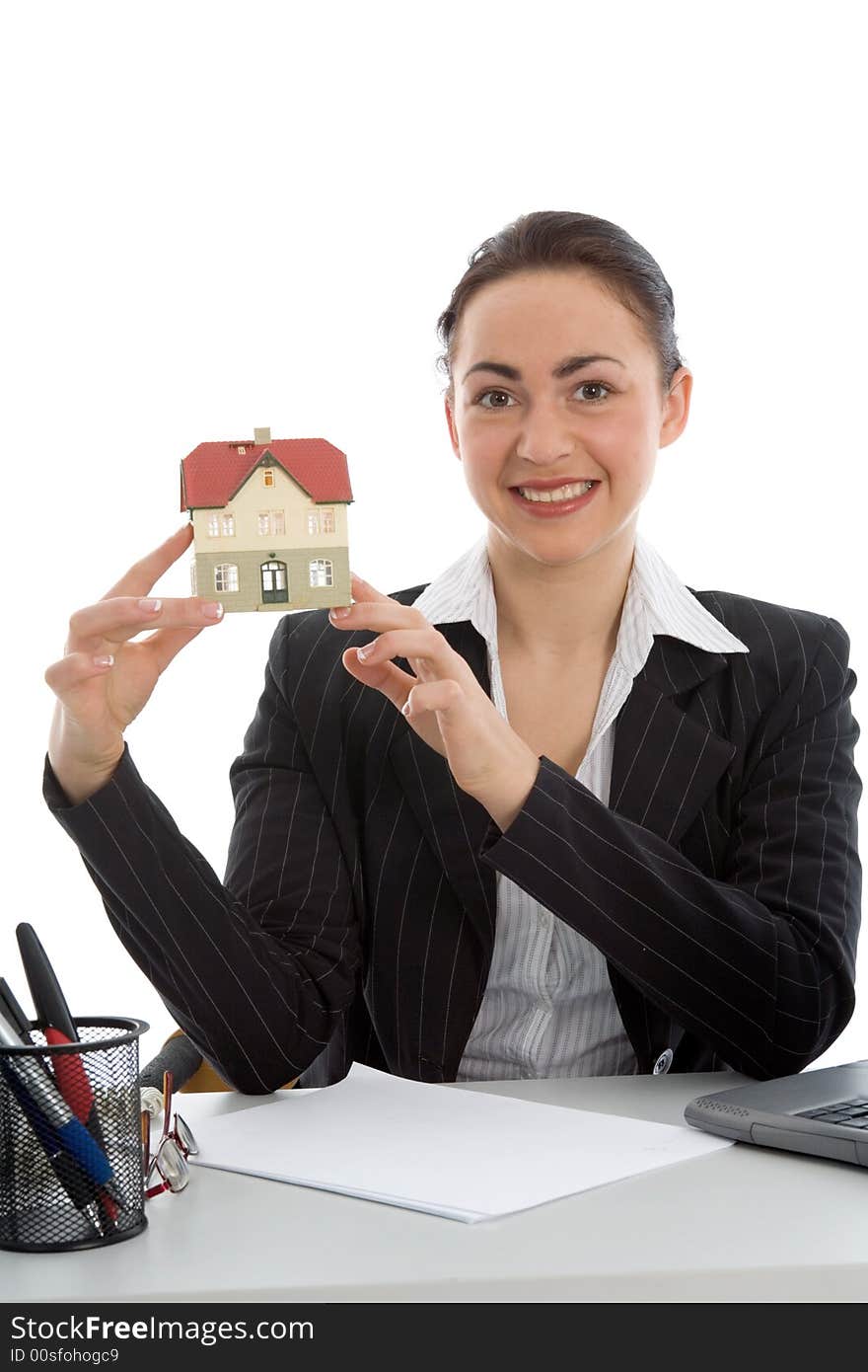 Business woman advertises real estate on  white background