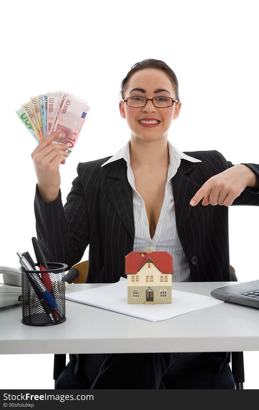 Business woman advertises real estate on  white background