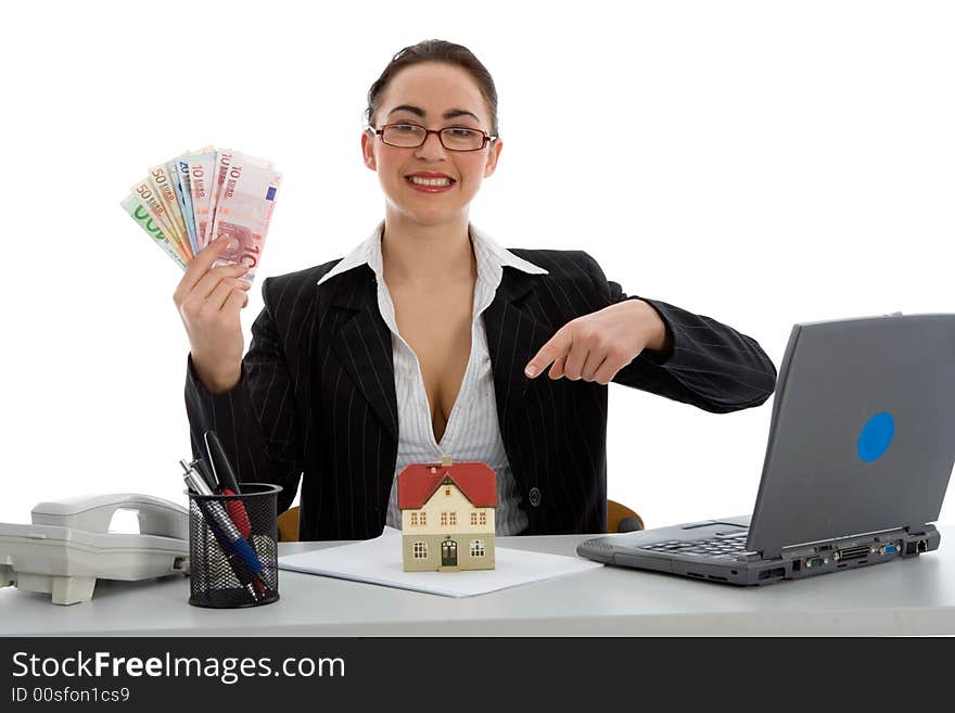 Business woman advertises real estate on  white background