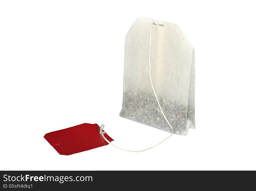 A close-up photo of teabag on a white background.