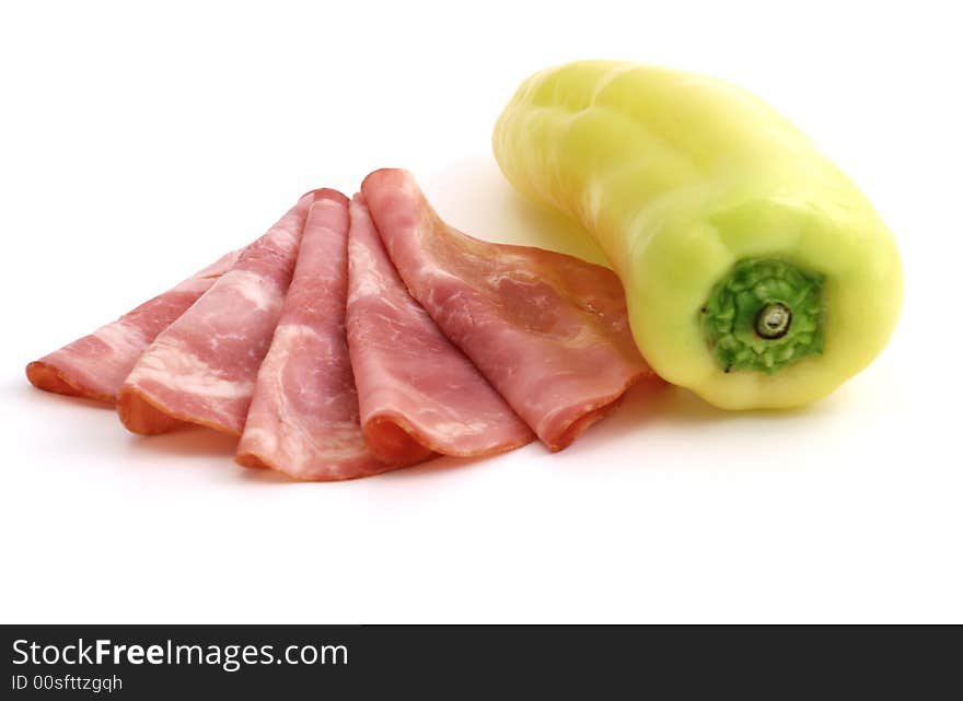 Cured meat with pepper isolated on white background