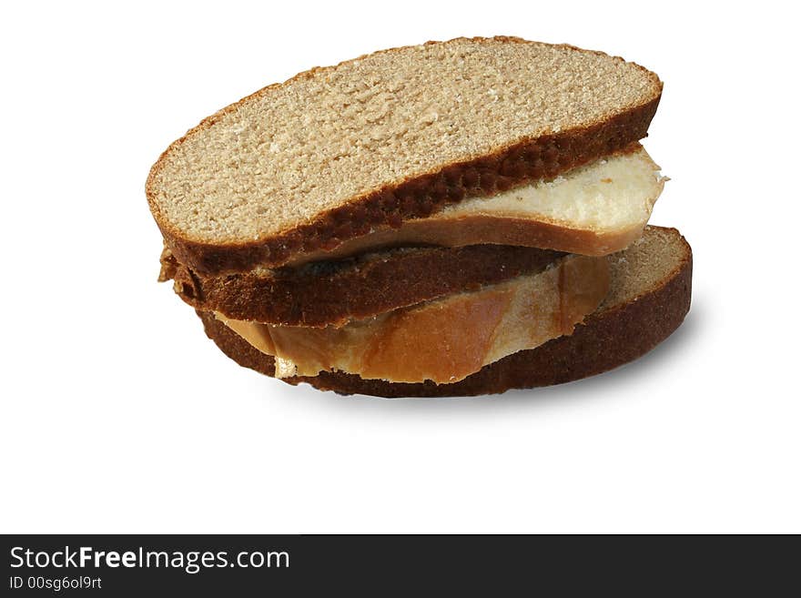 Slices rye and a white bread on a white background