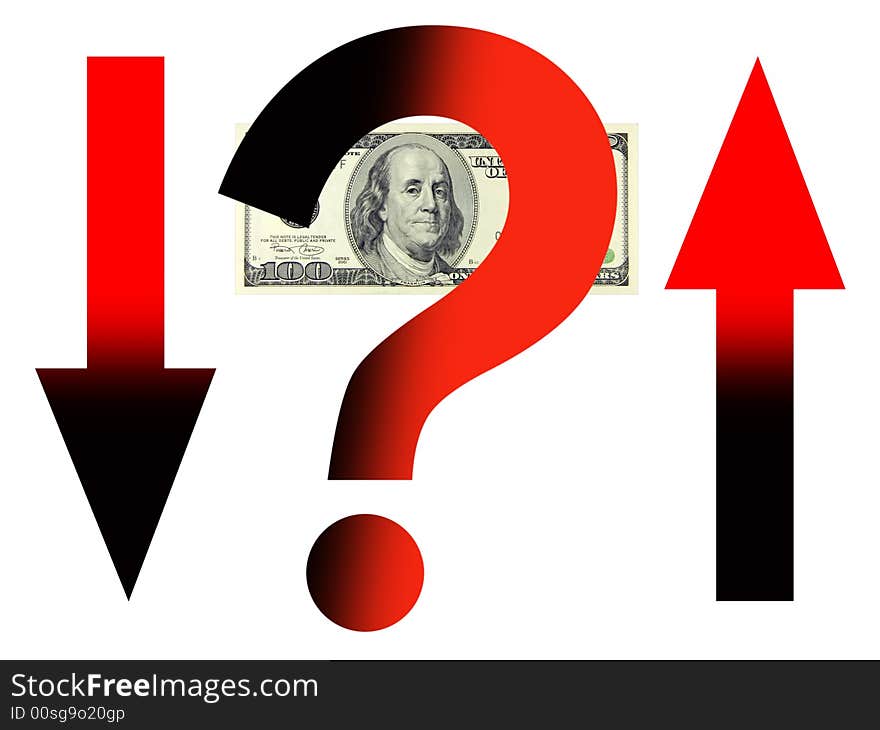 Dollar banknote, arrows and question mark on a white background. Dollar banknote, arrows and question mark on a white background