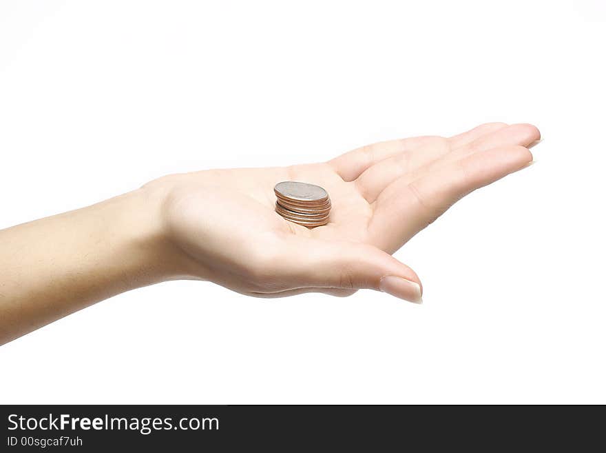 American coins in woman hand. American coins in woman hand