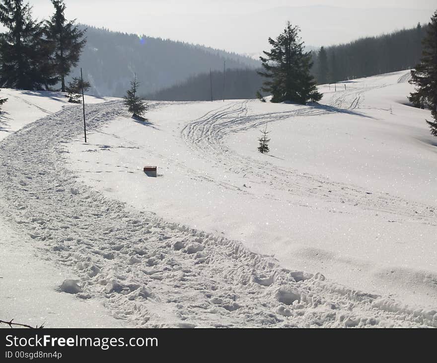 Small mountain path in poland - winter time. Small mountain path in poland - winter time.