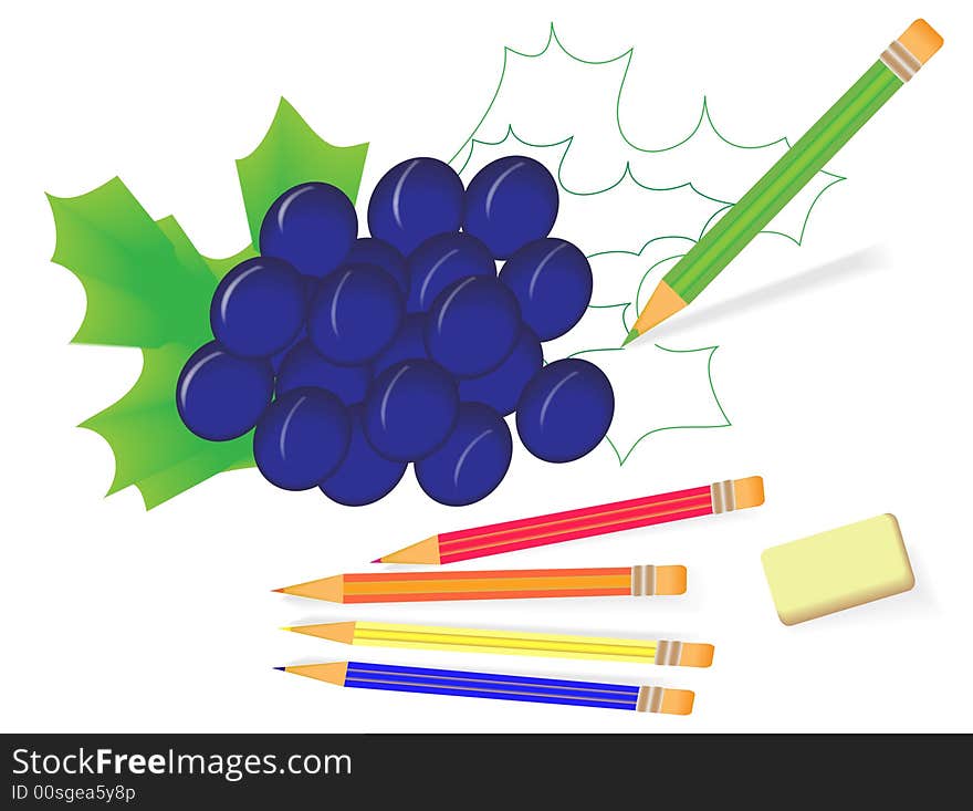 The Pencil draws grape. Vector rasterized graphic.