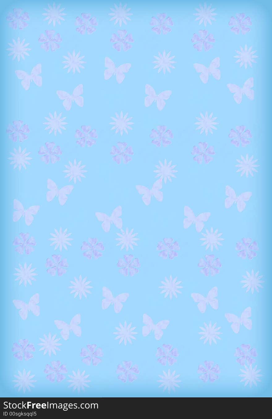 Blue background with pink flowers, butterflies and sun.