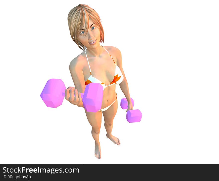 Blond sexy fitness girl working out with two pink dumbbells. She wears a white and orange bikini. Blond sexy fitness girl working out with two pink dumbbells. She wears a white and orange bikini.