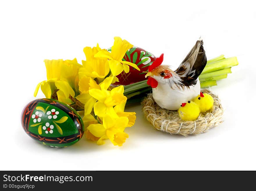 Easter chickens in nest on white