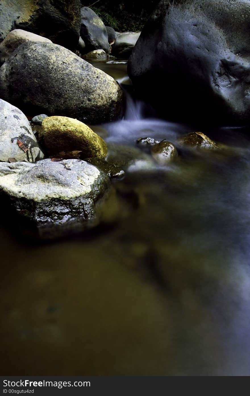 Water flowing between the gap of two rocks