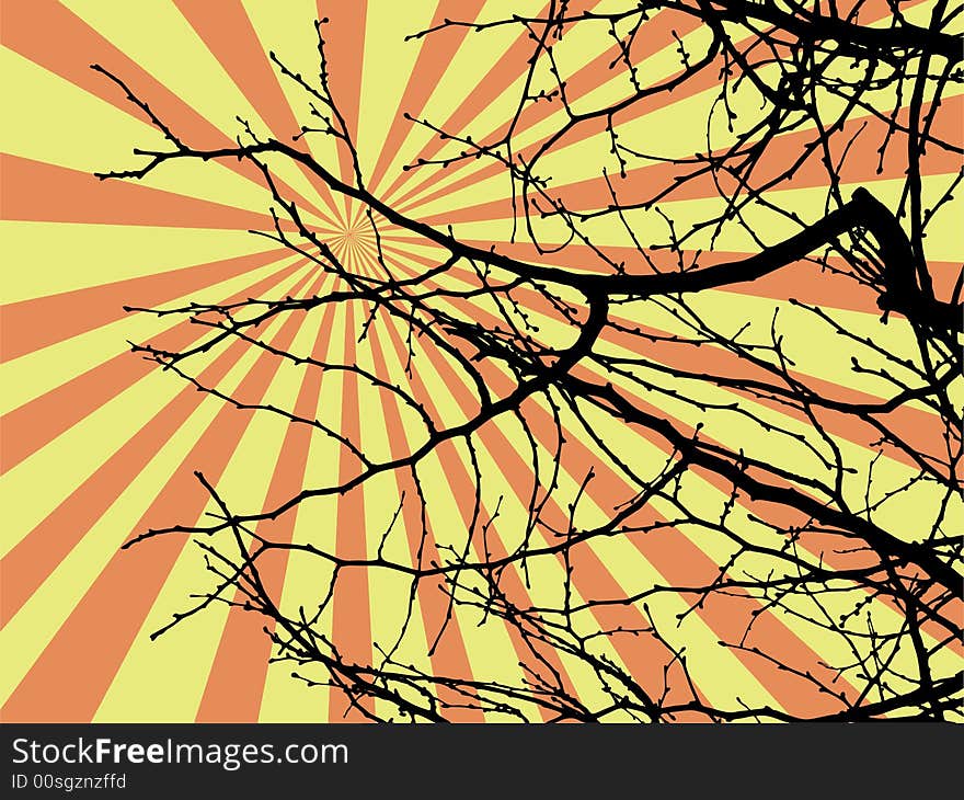 Abstract illustration of sun rays and tree branch silhouette. Abstract illustration of sun rays and tree branch silhouette