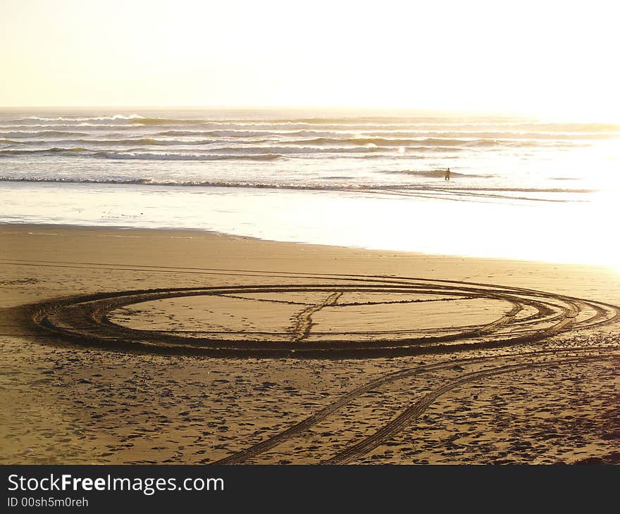 Tyre prints on ocean beach. Tyre prints on ocean beach