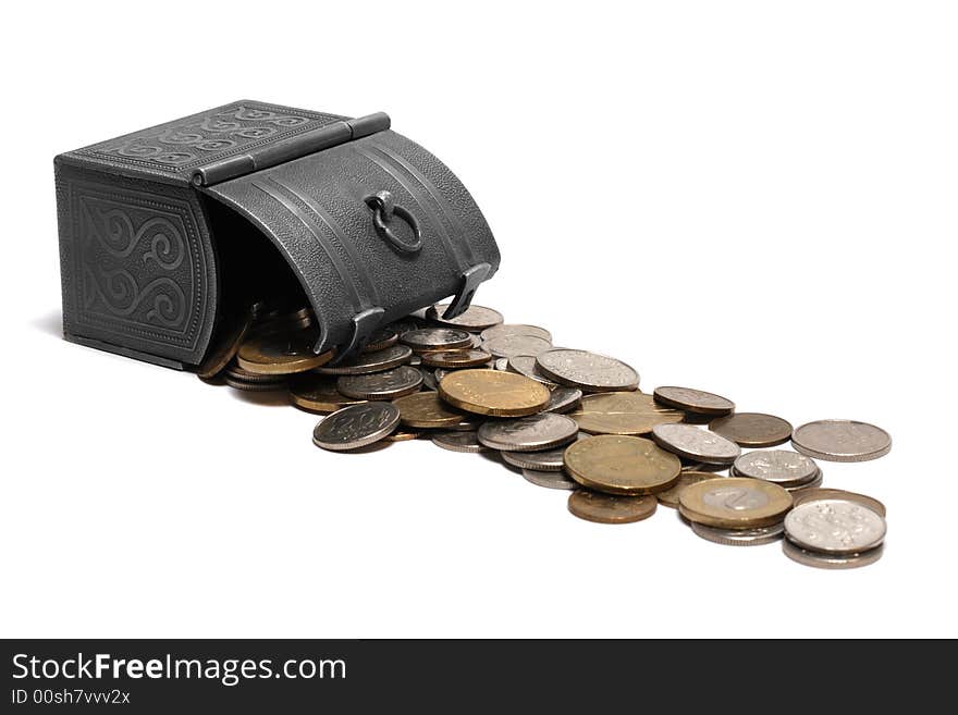 Overturned box with coins isolated on white. Overturned box with coins isolated on white