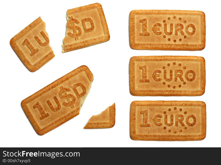 Biscuits in form of dollar and euro bills