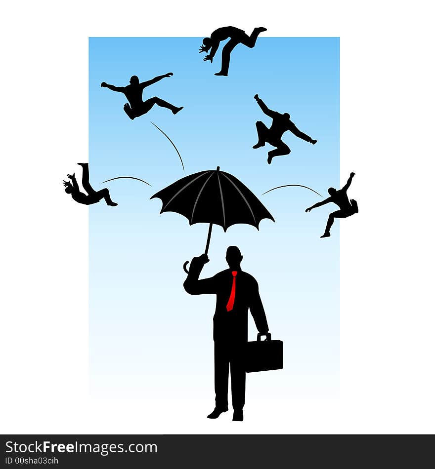 An illustration featuring a man standing with an umbrella as a bunch of smaller men fall and bounce off the top. An illustration featuring a man standing with an umbrella as a bunch of smaller men fall and bounce off the top