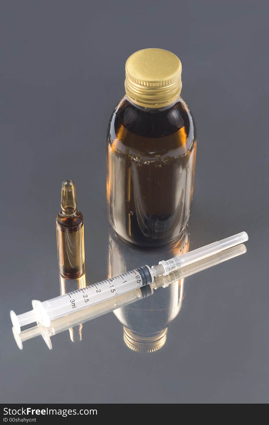 Brown Medical Phial , Bottle And Syringe