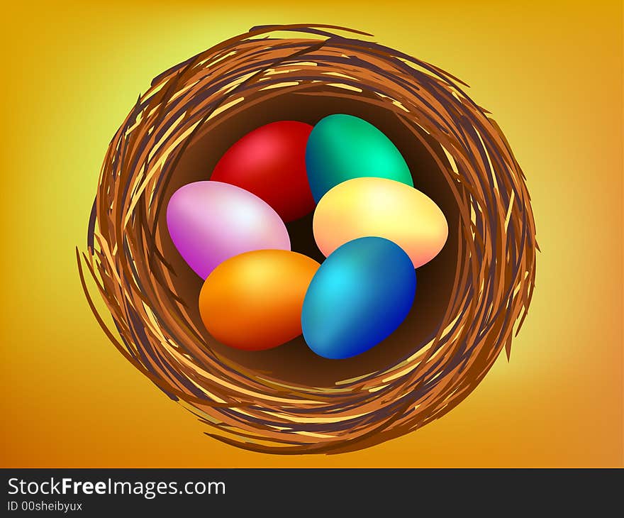 Illustration of colorful Easter eggs in nest with bright background. Illustration of colorful Easter eggs in nest with bright background.