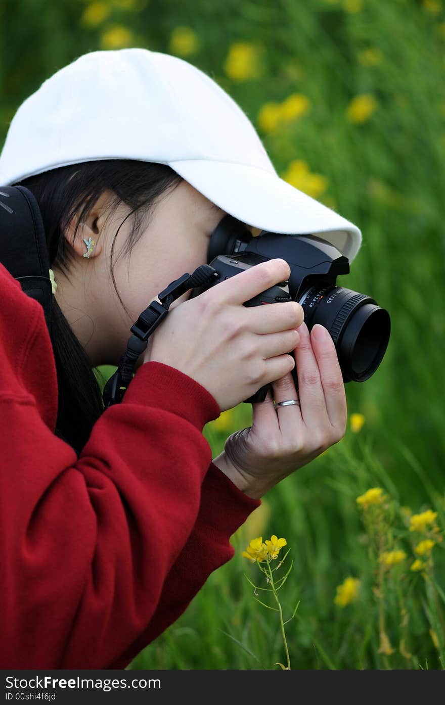 A woman photographer focusing on her subject. A woman photographer focusing on her subject