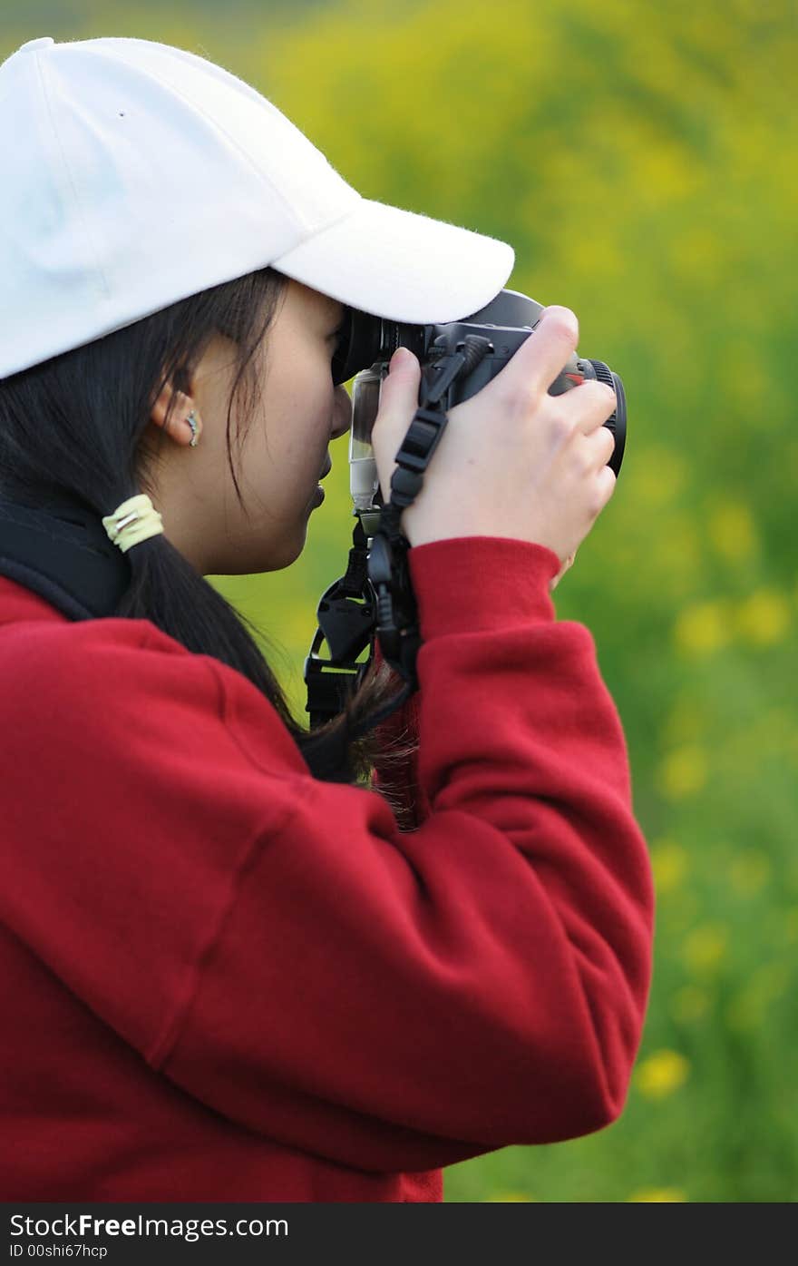 A woman photographer focusing on her subject. A woman photographer focusing on her subject