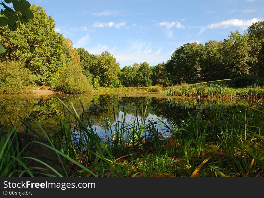 Autumn view of lake and forest