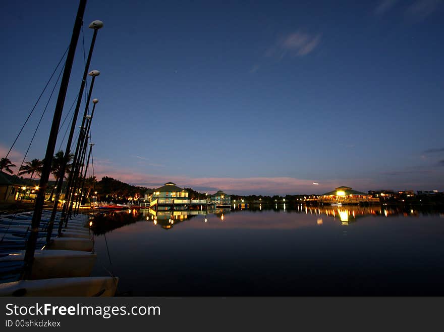 Waterside sunset with reflections on the water